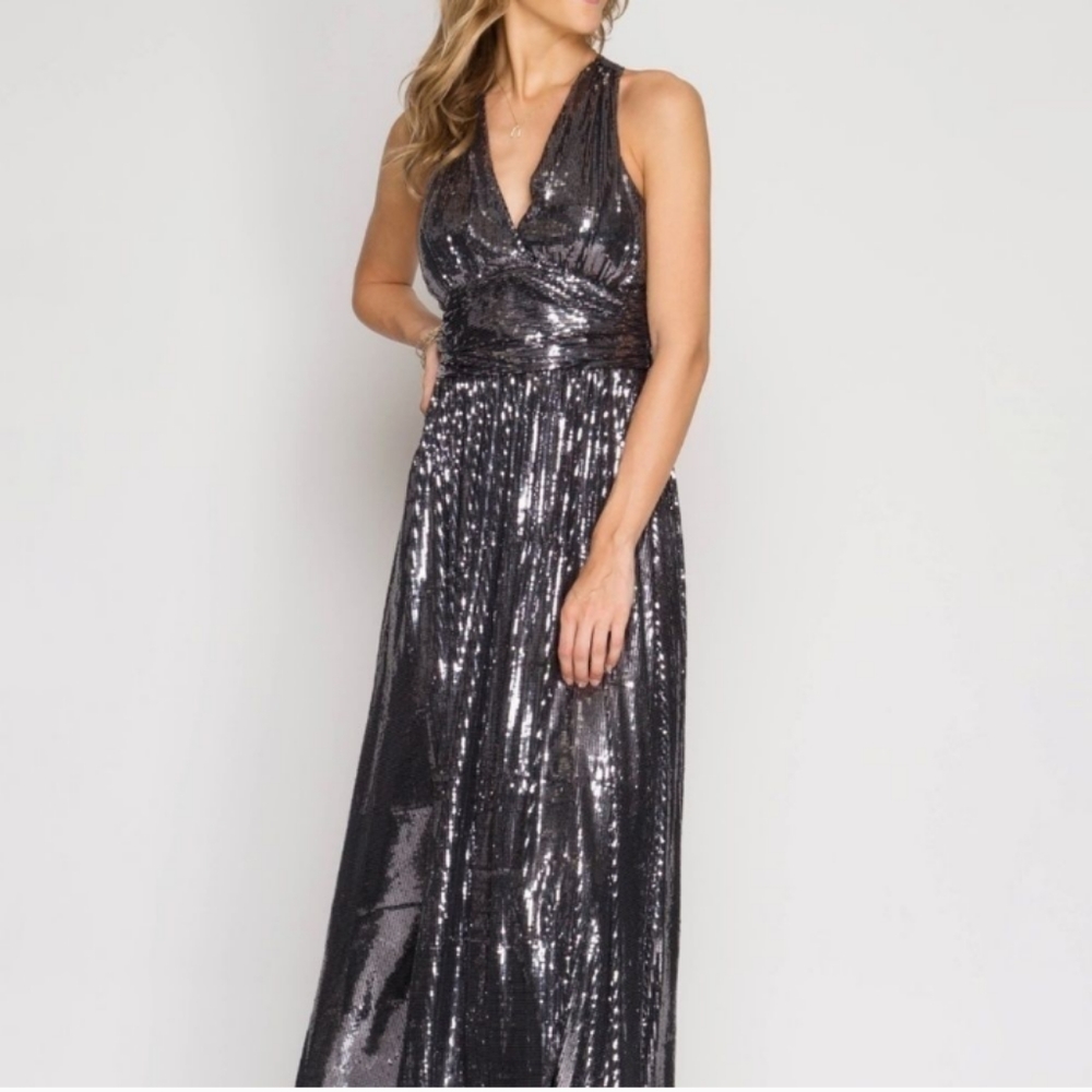 Sequin V-Neck Halter Evening Gown - Black